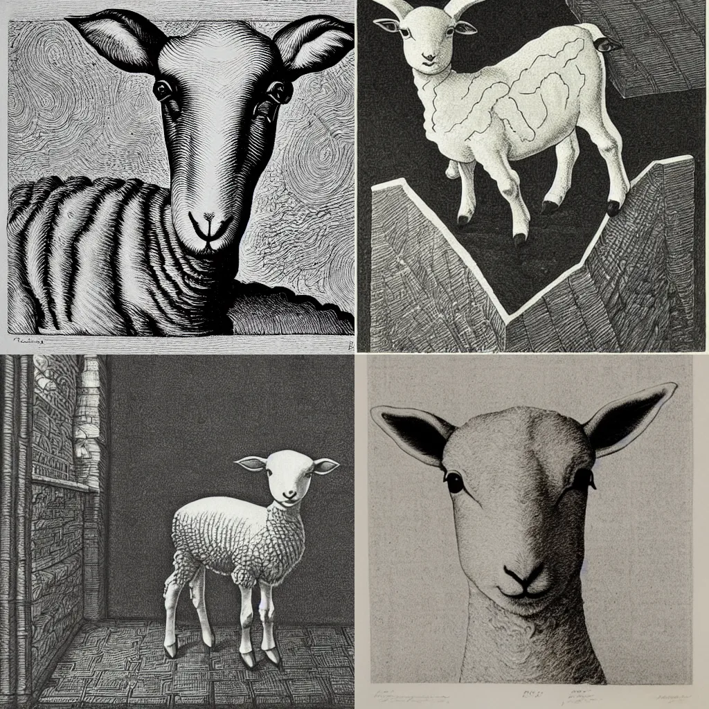 Prompt: print of a lamb by M.C. Escher