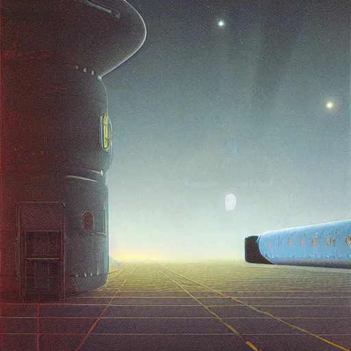 Image similar to Spaceport docking bay at night, inner light. Concept art, hyperrealism, extreme detail, art in the style of A New Hope. Art by. Beksinski and Michael Whelan