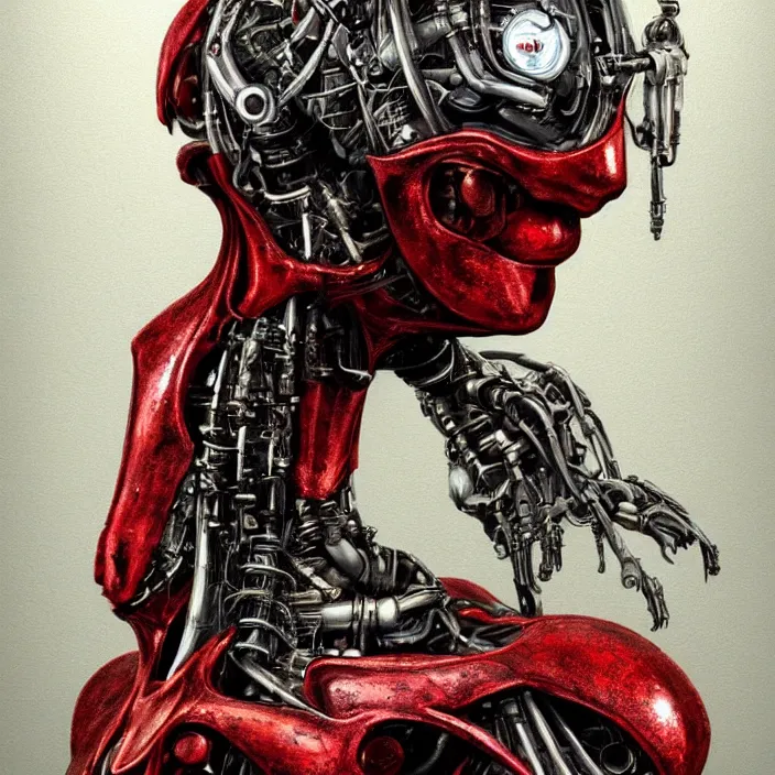 Prompt: in the art style of H.R. Giger a portrait of an evil damaged ruby Ultron from Age of Ultron, clockwork steampunk, head and chest only, by Beksinski, 4k, deviantart, trending on artstation, bio-chemical, bionic, robocop, terminator, t-800, endoskeleton, steampunk