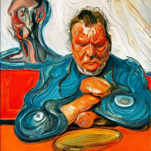 Prompt: high quality high detail expressionist painting of a man in agony by lucian freud and jenny saville edvard munch and francis bacon, hd, anxiety, seated at table, turquoise and orange