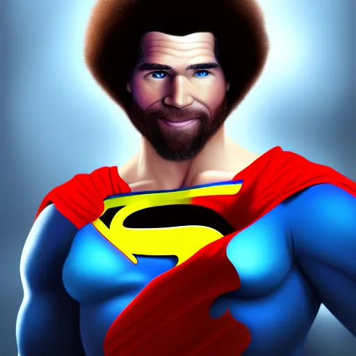 Prompt: award winning commission portrait of bob ross as superman,digital art,hyperdetailed,detailed face,ross tran,character design by charles bowater,deviantart,artstation,photorealistic,4k,movie poster,hyperdetailed,ultra realiszoc,cinematic-n 9