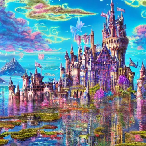 Prompt: a gigantic tall towering surreal elaborate sparkling gothic stone castle built over a lake on a bright sunny day, illustration by Ayami Kojima, Lisa Frank coloring, concept art, hyperdetailed, 4k