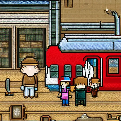 Prompt: portrait of a lazy miner, train station background, high detail, 8 - bit pixel art, cute, by studio ghibli