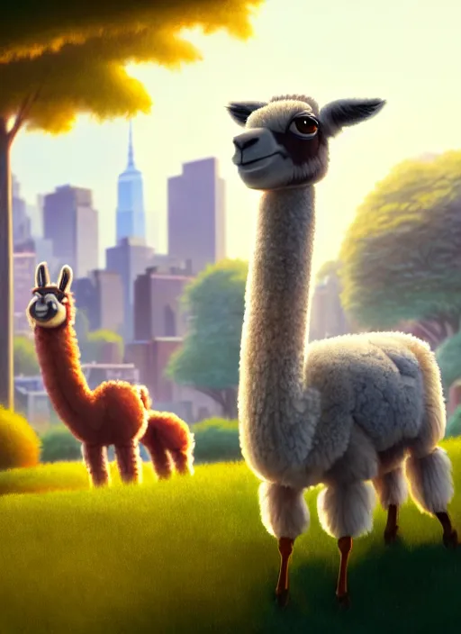 Prompt: a wholesome animation key shot of a llama, close - up, new york zoo in the background, studio ghibli, pixar and disney animation, sharp, rendered in unreal engine 5, anime key art by greg rutkowski, bloom, dramatic lighting