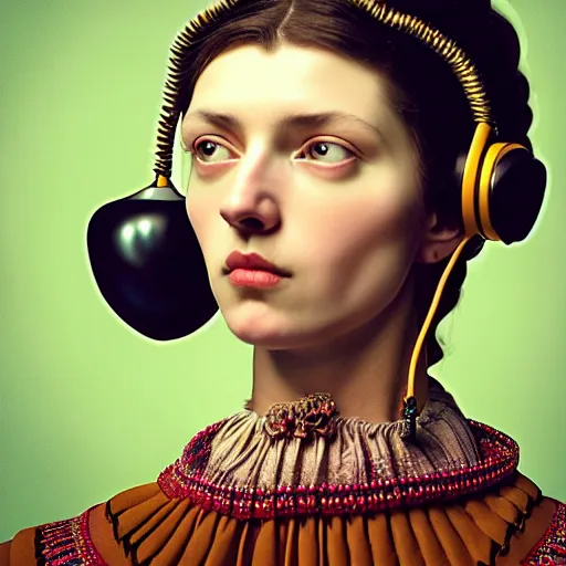 Prompt: Colour Caravaggio style Photography of Highly detailed beautiful Woman with 1000 years perfect face and wearing detailed Ukrainian folk costume designed by Taras Shevchenko also wearing highly detailed retrofuturistic headset designed by Josan Gonzalez. Many details In style of Josan Gonzalez and Mike Winkelmann and andgreg rutkowski and alphonse muchaand and Caspar David Friedrich and Stephen Hickman and James Gurney and Hiromasa Ogura. Rendered in Blender and Octane Render volumetric natural light