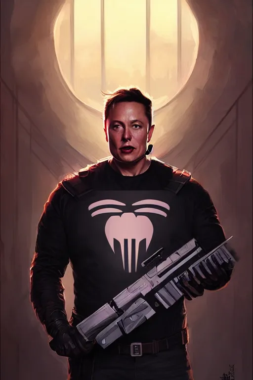 Image similar to elon musk as punisher, portrait, highly detailed, digital painting, artstation, concept art, smooth, sharp focus, illustration, cinematic lighting, art by artgerm and greg rutkowski and alphonse mucha