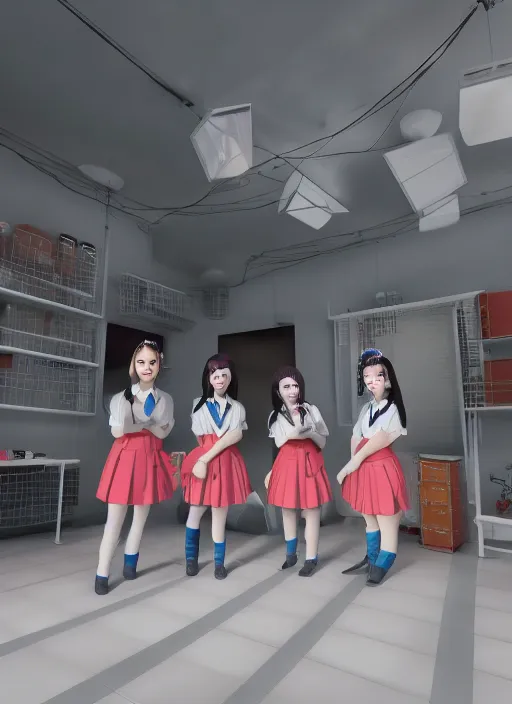 Image similar to plastic schoolgirls selling plastic cats, photorealism, canon r 3, symmetry, octane render, unreal engine, dramatic lights, professional studio photo