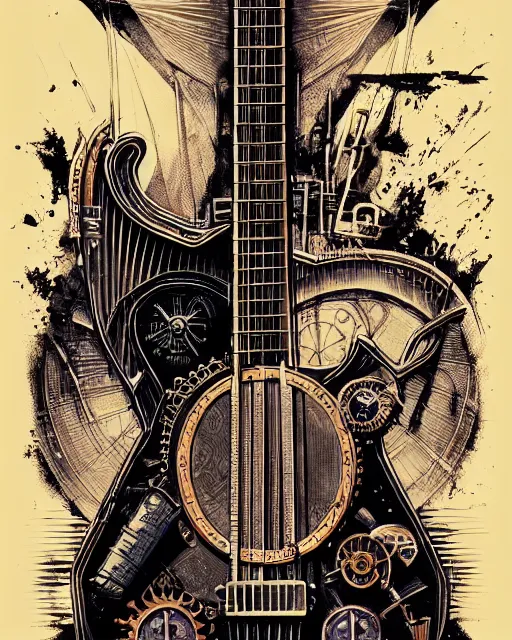 Image similar to a majestic steampunk alchemists guitar, two point perspective, furniture, high details, bold line art, by vincent di fate and joe fenton, inking, etching, screen print, masterpiece, trending on artstation, sharp, high contrast, hyper - detailed,, hd, 4 k, 8 k