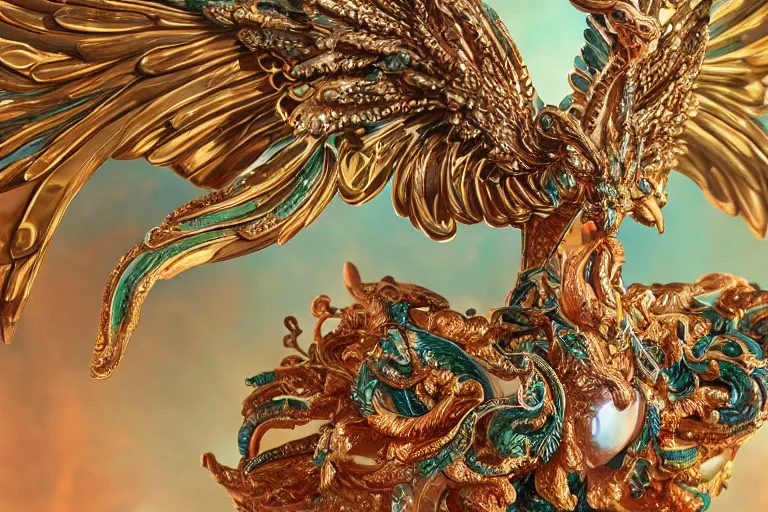 Image similar to a closeup photo - real delicate ceramic porcelain sculpture of an ornate detailed phoenix goddess in front of an intricate background by rafael, micro detail, backlit lighting, subsurface scattering, translucent, thin porcelain, emerald, jade, octane renderer, colorful, physically based rendering, trending on cgsociety