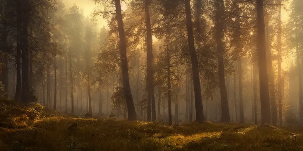 Image similar to swedish forest, photoreal, dawn, hazy, fog, golden hour, sunlight, beautiful!!!!!!!!!, greg rutkowski, cinematic, atmospheric