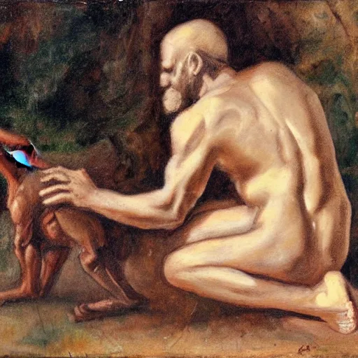 Prompt: thinking man kneeling in front of a nymph, painting