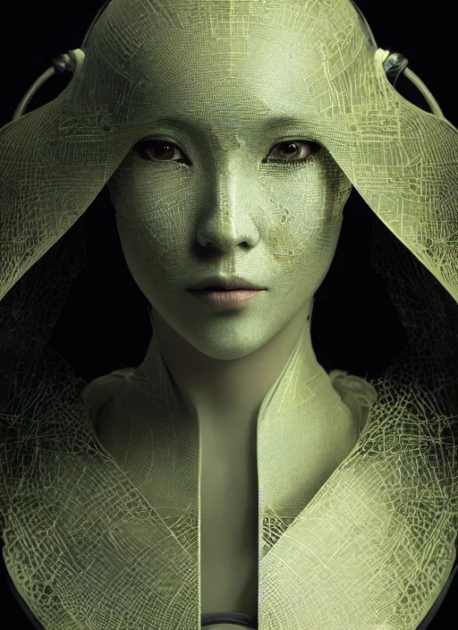 Image similar to portrait of a futuristic geisha cyborg, made from million point clouds, in the style of ghost in the shell, kintsugi, modern fine art, fractal, intricate, elegant, highly detailed, digital photography, subsurface scattering, by jheronimus bosch and greg rutkowski,