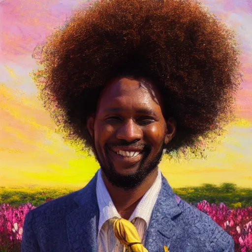 Prompt: an east african man with curly hair in a vast field of flowers, looking off into the sunset, relaxing, wide shot, golden hour, vintage, impressionist painting, fine art, oil painting, dreamy, pastel, laughing, happy, intricate details, sharp, peaceful, serene