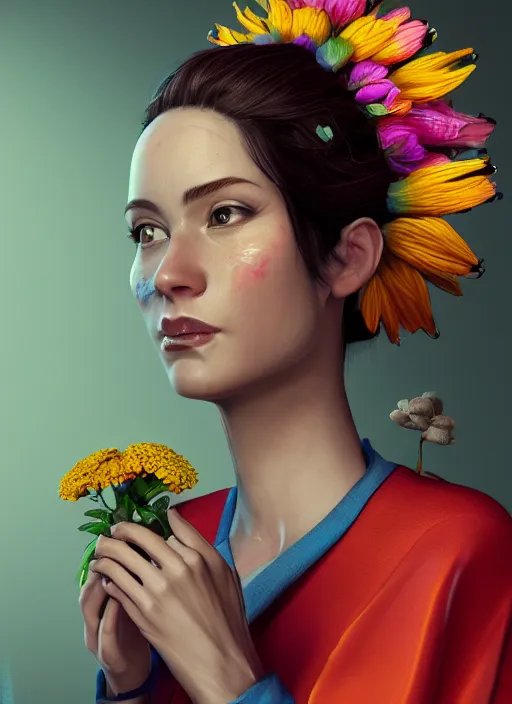 Image similar to an anthropomorphic beautiful female scientist portrait holding a flowers wearing colourful robe, fine art, award winning, intricate, elegant, sharp focus, octane render, hyperrealistic, wizard hat cinematic lighting, highly detailed, digital painting, 8 k concept art, masterpiece, trending on artstation, 8 k