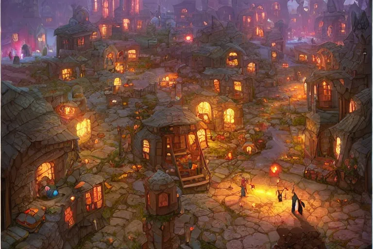 Image similar to one point perspective dungeon cozy fantasy village street view by artgerm and Craig Mullins, James Jean, Andrey Ryabovichev, Mark Simonetti and Peter Morbacher 16k