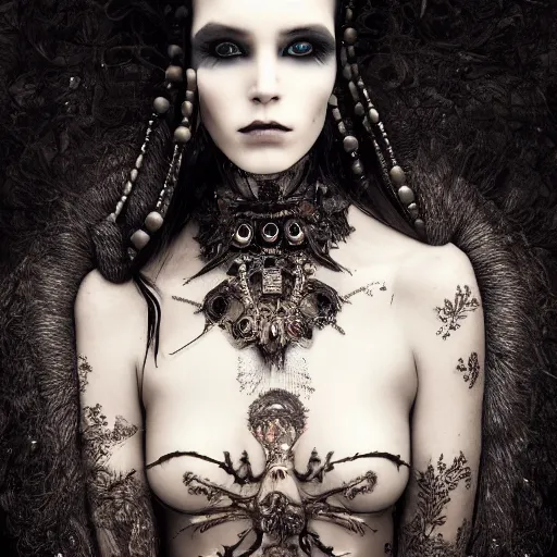 Image similar to a portrait of female model by stefan geselle and nekro borja, photorealistic, intricate details, hyper realistic, ornate headpiece, dark beauty, photorealistic, canon r 3, wide shot, photography, dark beauty, symmetrical features, wide angle shot