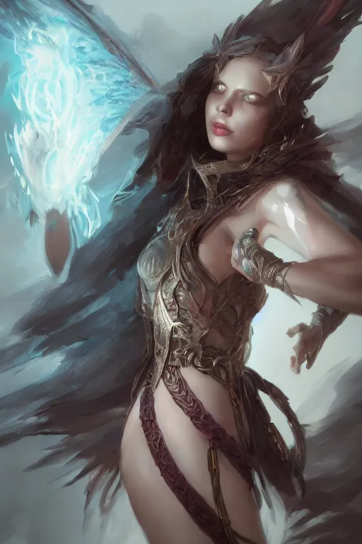 Image similar to closeup beautiful girl necromancer, wizards of the coast, casting magic spell, angel, 3 d render, hyper realistic detailed portrait, magic storm, thunder, ruan jia, wlop. scifi, fantasy, magic the gathering, hyper detailed, octane render, concept art, peter mohrbacher