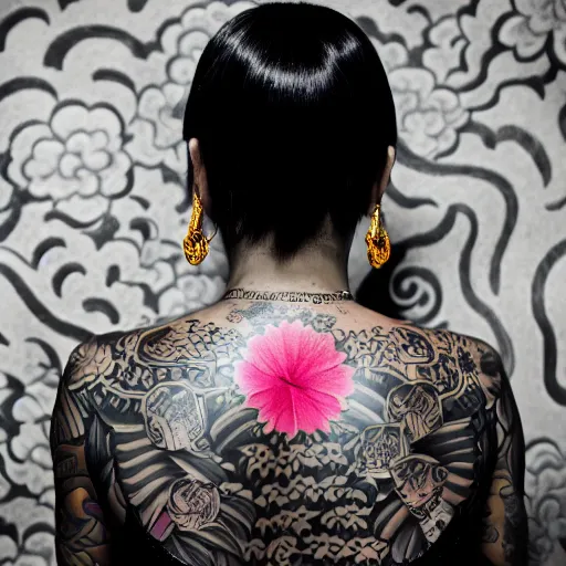 Image similar to photography of the back of a woman with a black detailed irezumi tatto representing a gold tiger with pink flowers on her entire back, dark hangar background, mid-shot, editorial photography