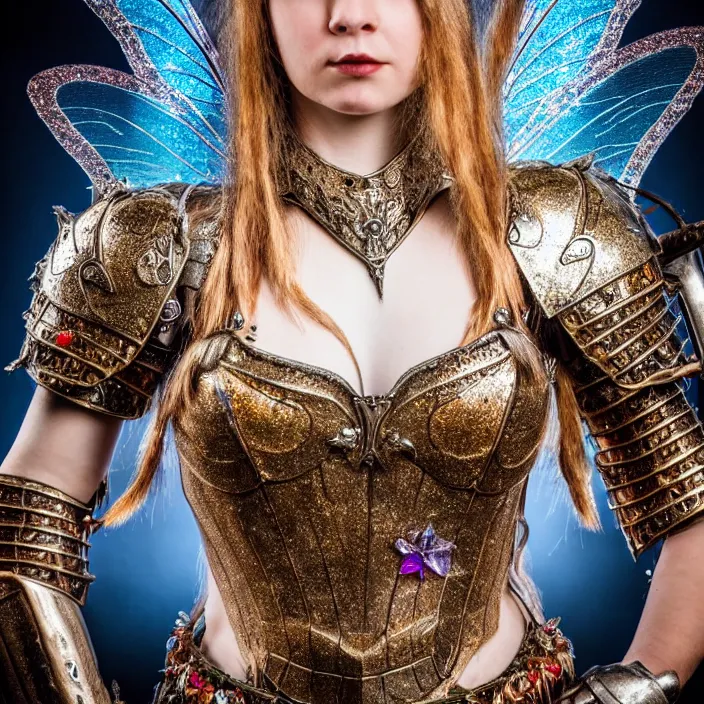 Image similar to full length photo of a very beautiful!! fairy queen with ornate sparkling armour, highly detailed, 4 k, hdr, smooth, sharp focus, high resolution, award - winning photo