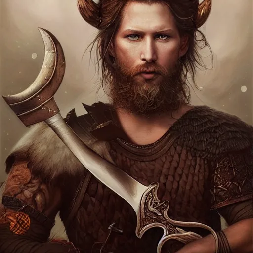 Image similar to by Tom Bagshaw, soft ultra realistic painting of a viking with his two swords. In front of him, there is a tiger, horror, omnipresent sky, symmetry of the precise features, very complex details, black and white, volumetric luminous clouds