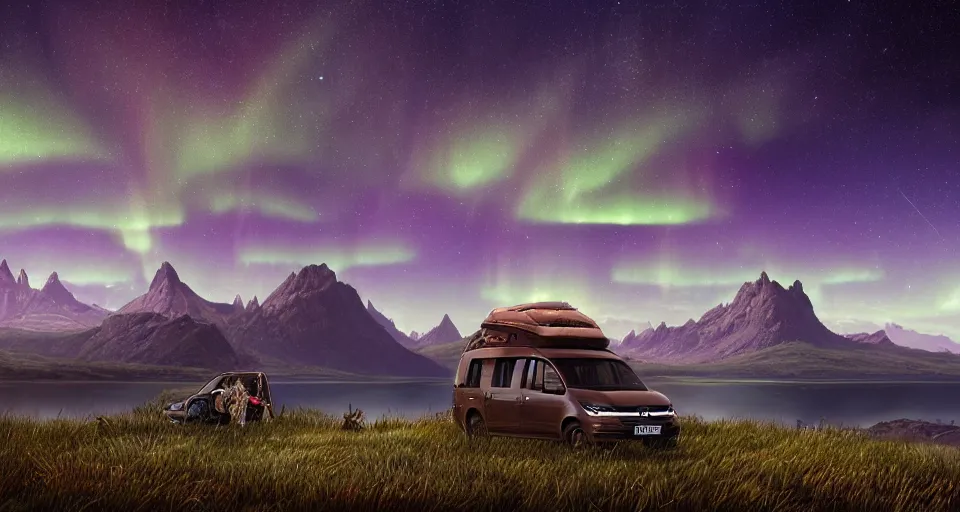 Prompt: An epic fantasy style landscape painting of a Mountainrange and a lake, with a starry sky and aurora and a Volkswagen Caddy Campervan, unreal 5, DAZ, hyperrealistic, octane render, dynamic lighting