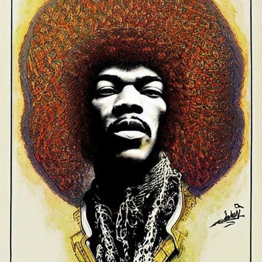 Prompt: artwork by Franklin Booth showing a portrait of Jimi Hendrix, afro futurism