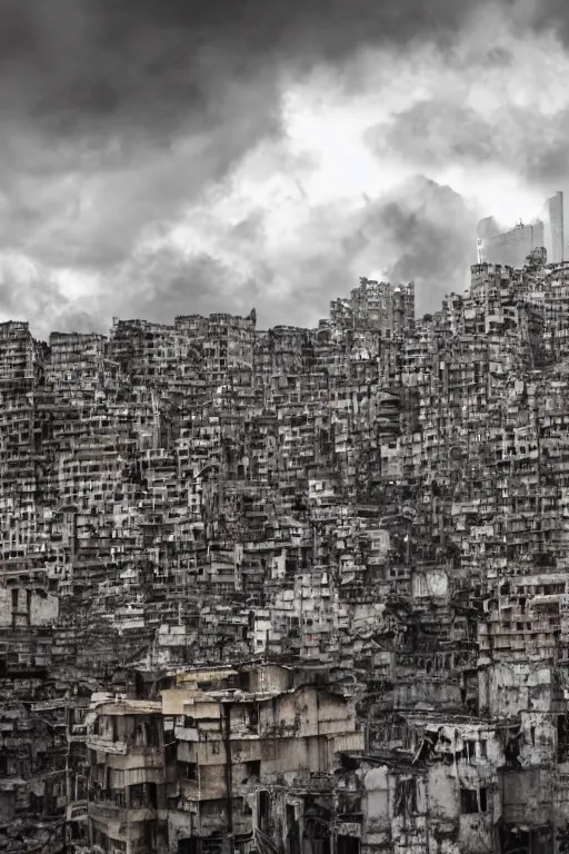 Prompt: cinematic frame of weathered high rise slums made of silver and gold glistening and dramatic clouds in the background