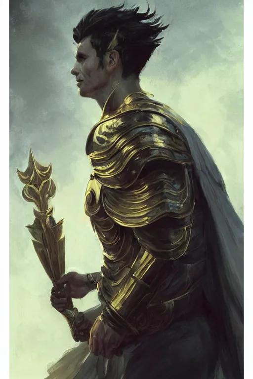 Prompt: a masculine elegant man from sideview with large shoulders, armor, and wearing golden laurel wreath, there are flames behind him, ethereal horror fantasy art by greg rutkowski and magali villanueve and monet con