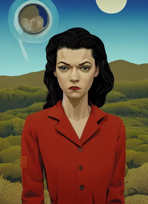 Prompt: Twin Peaks poster artwork by Michael Whelan, Bob Larkin and Tomer Hanuka, Karol Bak of portrait of Zendaya is a high school student working at the diner wearing light blue waitress dress, from scene from Twin Peaks, simple illustration, domestic, nostalgic, from scene from Twin Peaks, clean