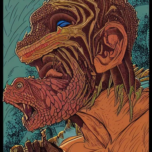 Prompt: portrait of lizard man removing human skin mask by Dan Mumford and Josan Gonzalez, ultra detailed, hyper realism