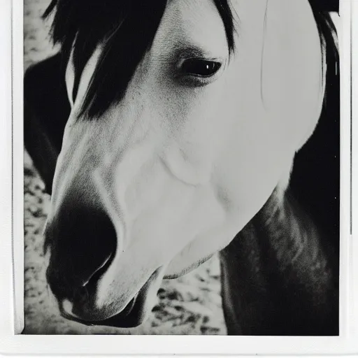 Prompt: a black and white grainy polaroid horse with a creepy human face