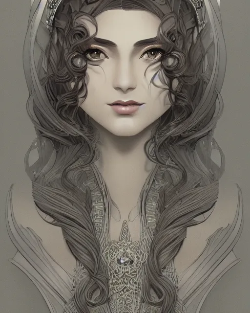 Image similar to portrait of a woman, art deco styl, e beautiful, mesmerizing, concept art, highly detailed, smooth, fantastical, cinematic, intricate linework, detailed and intricate environment, artstation, inspired by monstress, sana takeda