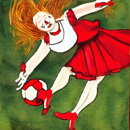 Prompt: action shot of alice from wonderland kicking the head of the red queen like a soccer ball the red queen has comical exes for eyes and her tongue is hanging out, illustration from a children's book, illustration in watercolor