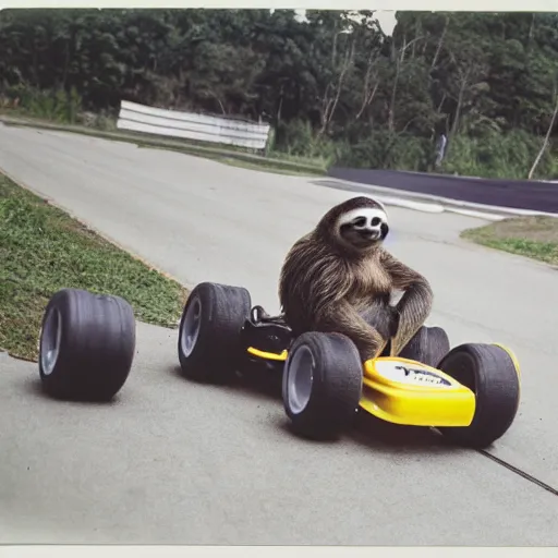 Prompt: photo of a sloth in a go kart on a race track holding a banana, polaroid 6 0 0 film