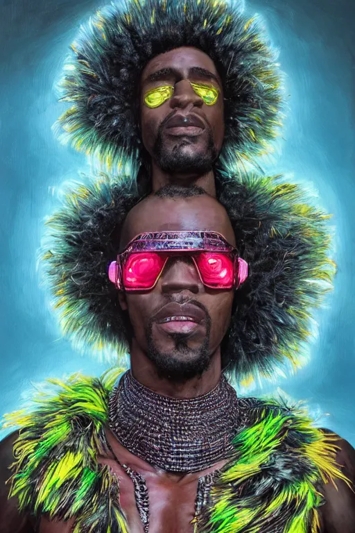 Image similar to detailed full body concept illustration of an African male with body augmentations, strong neon lighting, Afrofuturism, extravagant feathered collar, by Greg Staples, hyper realistic, HD, oil on canvas