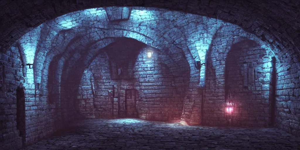 Image similar to an ancient medieval dungeon interior tunnel with stone walls, gentle ambient lighting, bridges and railings, stagnant water, neon lighting, cyberpunk, bluestone, trending on artstation, fantasy