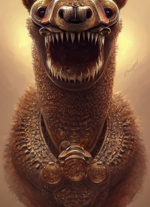 Image similar to anthropomorphic dire alpaca irontooth biter, intricate, elegant, highly detailed animal monster, digital painting, artstation, concept art, smooth, sharp focus, illustration, art by artgerm and greg rutkowski and alphonse mucha, 8 k