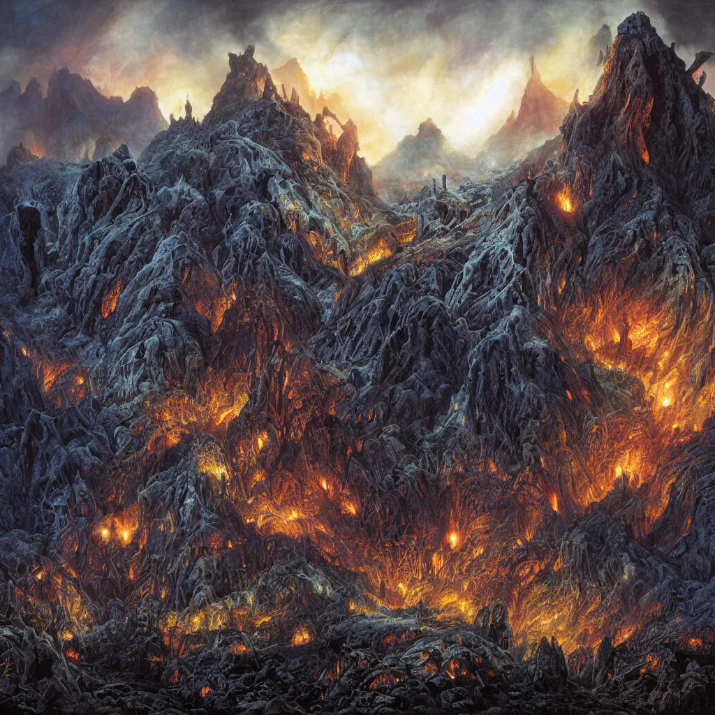 Prompt: the haunted hills of mordor, upward cinematic angle, by rodney matthews, michael kaluta, bill sienkiewicz and thomas kinkade, ghostly darkness, volcanic hellscape, stunning composition, demon skull faces, intricate, elegant, digital art, hyperdetailed, colorful hyperrealism, brilliant photorealism, 4k