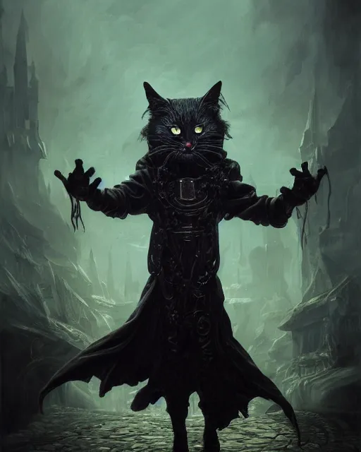 Prompt: oil painting of Anthropomorphized dark Cat Magician casting black magic spell, evil, glowing eyes, sharp focus, fantasy style, octane render, volumetric lighting, 8k high definition, by greg rutkowski, highly detailed, trending on art Station, magic the gathering artwork, very dark steampunk city backround, centered