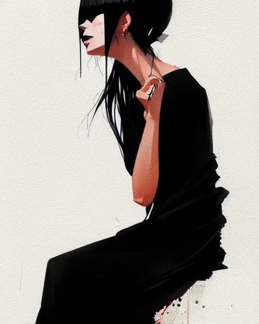 Image similar to a ultradetailed beautiful portrait panting of a stylish woman in a black dress sitting, by conrad roset, greg rutkowski and makoto shinkai trending on artstation