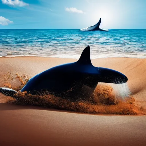 Image similar to a magic whale jumping out of the sand majestically, realistic, 4 k