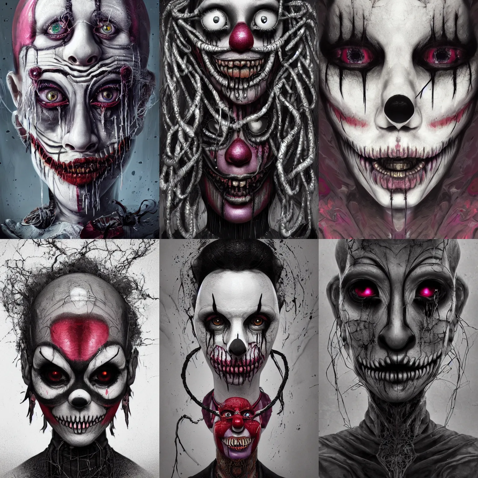 Image similar to portrait of a creepy girl clown skull. intricate abstract. intricate artwork. nightmare fuel. terrifying. by Tooth Wu, wlop, beeple, dan mumford. octane render, trending on artstation, greg rutkowski very coherent symmetrical artwork. cinematic, hyper realism, high detail, octane render, 8k, iridescent accents, black and white