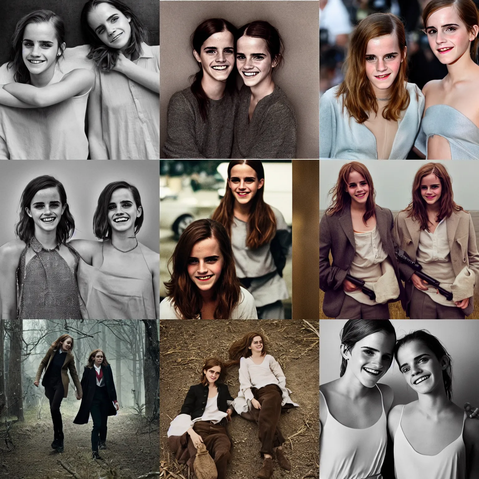 Prompt: emma watson identical twins smiling greg rutkowski annie leibovitz canon eos r 3