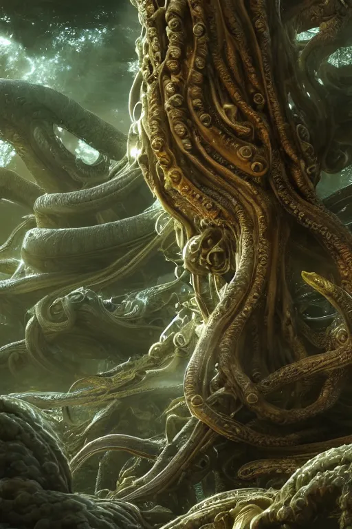 Image similar to giant ancient alien tentacles artwork by yoshitaka amano, ivory and gold, detailed vegetation background, extremely detailed, octane rendering, sharp focus, volumetric light, particles, unreal engine 5, rtx