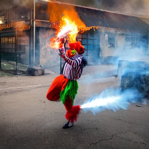 Image similar to photo of a clown using a flamethrower projecting a long bright flame towards a dumpster fire