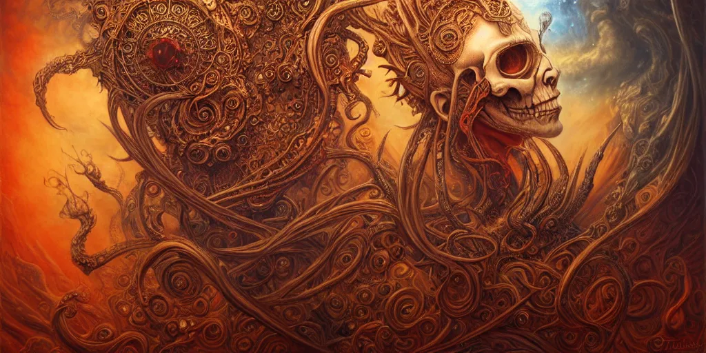 Image similar to A beautiful detailed orixa, tarot card, by tomasz alen kopera and Justin Gerard, symmetrical features, ominous, magical realism, texture, intricate, ornate, royally decorated, skull, skeleton, whirling smoke, embers, red adornements, red torn fabric, radiant colors, fantasy, trending on artstation, volumetric lighting, micro details, 3d sculpture, ray tracing, 8k, anaglyph effect