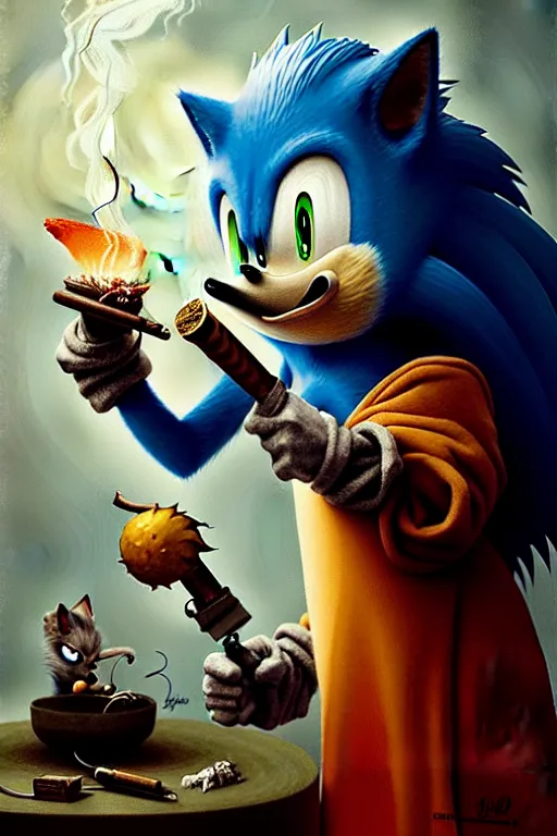 Prompt: hieronymus bosch, greg rutkowski, anna podedworna, painting of sonic the hedgehog smoking a bong