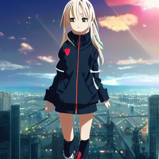 Image similar to Pixiv, Anime Key Visual, cute anime loli with blond hair and cute pigtails, wearing blue coat with a hood and black shorts, jumping from the tallest building of a modern city. She does a superhero pose. Cinematic scene of an HDR sunset, faint orange light. Amazing piece Trending on Artstation