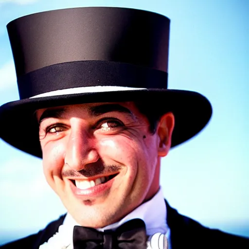 Image similar to the godfather wears a top hat and smiles. 5 0 mm, cinematic, technicolor. sea and beach and a man in the background.