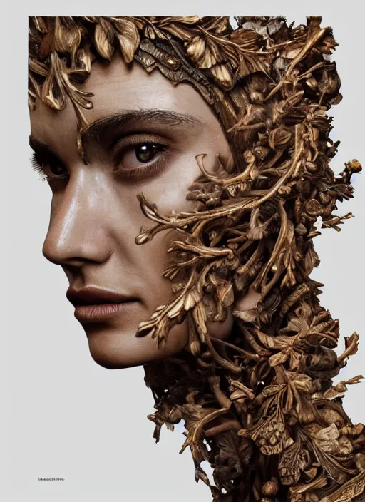 Image similar to sculpture made of wood, portrait, female, tree, future, shaman, harper's bazaar, vogue, magazine, insanely detailed and intricate, concept art, close up, ornate, luxury, elite, elegant, trending on artstation, by ruan jia, by Kenneth Willardt, by ross tran, by WLOP, by Andrei Riabovitchev,